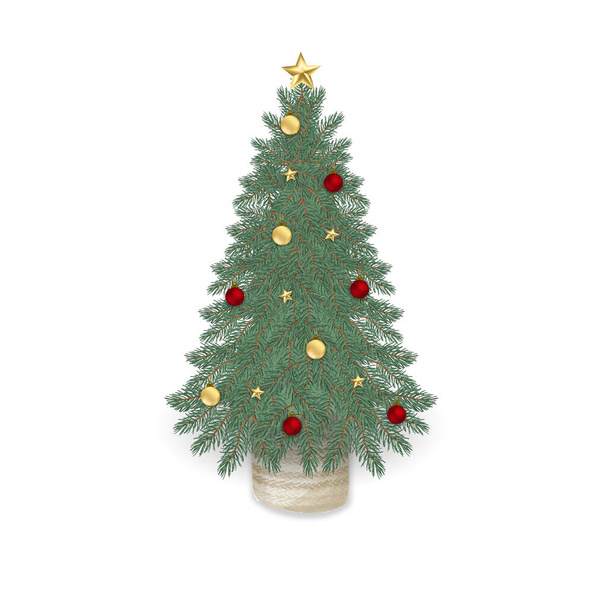 Árbol de Navidad vintage con decoraciones de Navidad: adornos, estrellas, guirnaldas, bolas en canasta de mimbre. Feliz Navidad y feliz año nuevo - Vector, Imagen