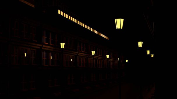 Abstract stadslandschap met een lege straat versierd met twee rijen lantaarns. Ontwerp. Ouderwets gebouw en een rijdende trein met lichten in ramen die 's nachts boven het huis bewegen. - Foto, afbeelding