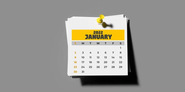 Monatlich angeheftete Kalendervorlage 2022: Januar 2022, 3D gerenderte Pin-up-Kalenderseite auf grauem Hintergrund mit Kopierraum. Horizontale Zusammensetzung. Set von 12 Monaten. Woche beginnt mit Sonntag. - Foto, Bild