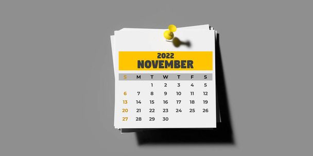 Calendario mensual fijado 2022 conjunto de plantillas: Noviembre 2022, 3D renderizado pin-up página del calendario sobre fondo gris con espacio de copia. Composición horizontal. Conjunto de 12 meses. La semana comienza con el domingo. - Foto, imagen
