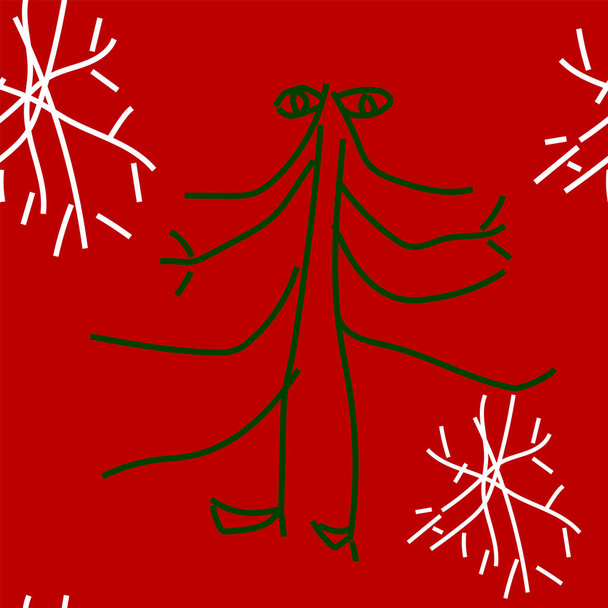 Vektor. Karácsony és újév zökkenőmentes minta. Zöld fenyő fák és fehér hópelyhek piros alapon firka stílusban. Gyerekrajz. Nyomtatás szövet, végtelen háttér csomagolópapír. - Vektor, kép