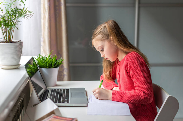 Cute little girl seriously doing homework using laptop at home for online education, home studying and online communication. Kids distance learning. Stay at home. - Valokuva, kuva