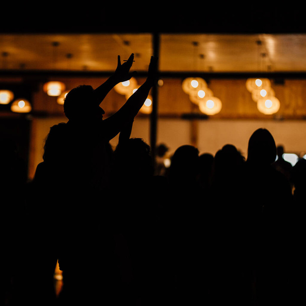 A silhouette of a crowd dancing outside during a night party - Fotografie, Obrázek