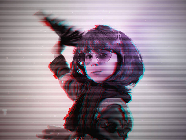 Child with sunglasses and wig posing with for a photo shoot. Glitch effect - Photo, Image