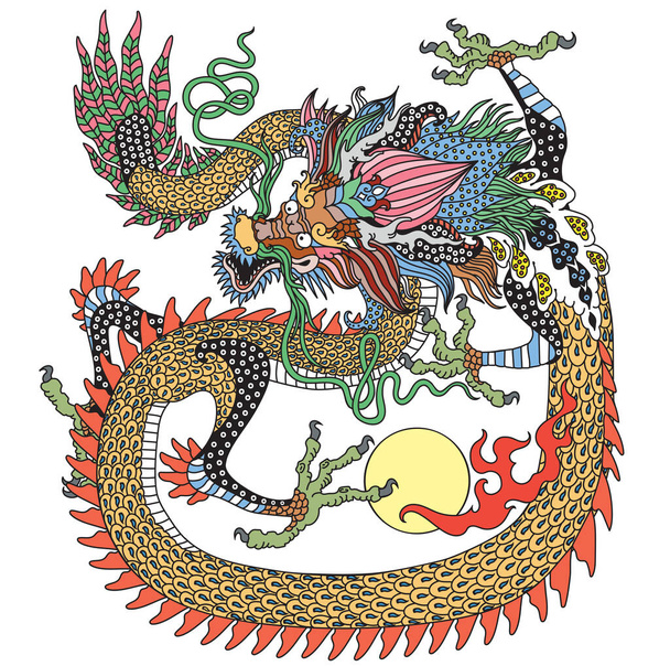 Smok z Azji Wschodniej. Tradycyjne chińskie mitologiczne stworzenie. Jedno z niebiańskich zwierząt feng shui. Ilustracja wektora stylu graficznego - Wektor, obraz