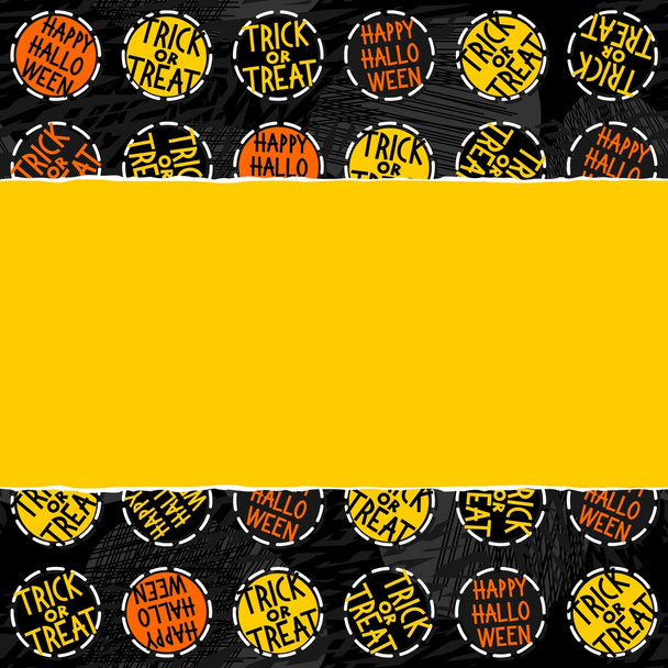 Gelukkig halloween truc of behandelen wit zwart geel oranje ronde badges herfstvakantie naadloze patroon op donkere achtergrond op horizontale gescheurd geel papier seizoensgebonden horizontale naadloze grens - Vector, afbeelding
