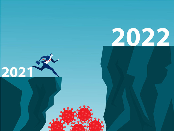 Бизнесмен прыгает высоко через две скалы, чтобы изменить год. Изменение 2021 года до 2022 года после Ковида 19, векторная иллюстрация - Вектор,изображение