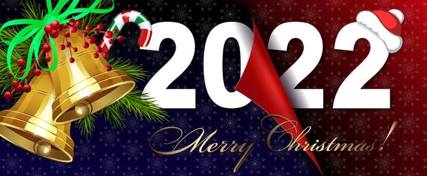 Hyvää uutta vuotta 2022, joulun koostumus taitettu arkki lumihiutaleet, kultainen kellot. - Vektori, kuva