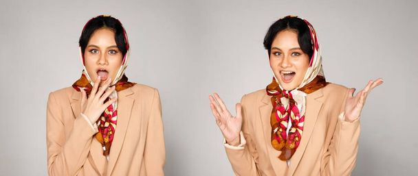 Портрет 20-х жінок Східної Європи з коричневим волоссям носить шарф. Кавказька вродлива домогосподарка висловлює почуття радості через ізольоване сиве тло. - Фото, зображення