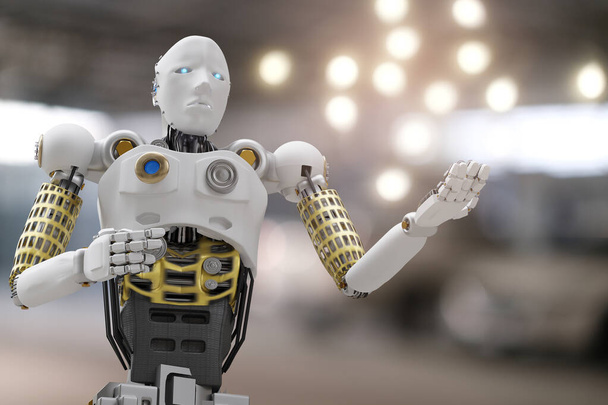 Robot cyber toekomstige futuristische humanoïde auto, auto, automotive auto controle fix in garage industrie inspectie inspecteur verzekering onderhoud monteur reparatie robot service technologie 2022 - Foto, afbeelding
