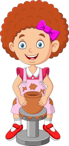 Wektor ilustracji Cute little girl co ceramika gliniany garnek - Wektor, obraz