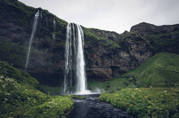 The view of the beautiful waterfall surrounded by green vegetation. Seljalandsfoss, Iceland. - Foto, Imagem