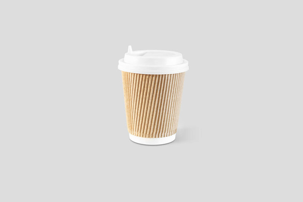 Disposable eco paper craft cups for coffee or tea to go. Mock up. Zero waste, plastic free concept. Sustainable lifestyle. Composition with front view. 3d rendering. - Photo, image
