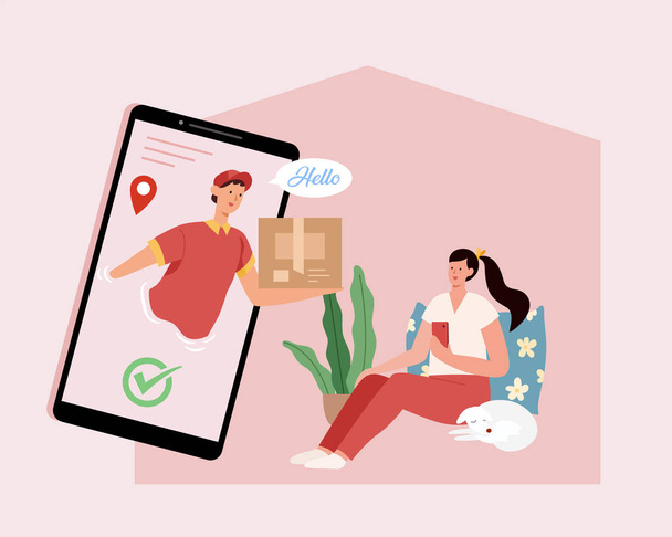 Flat illustration of courier man handing shopping parcel to female customer through phone screen. - Διάνυσμα, εικόνα