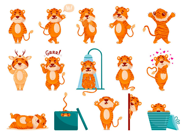  Grande set di adesivi tigri carino cartone animato. emozioni diverse. su sfondo bianco - Vettoriali, immagini