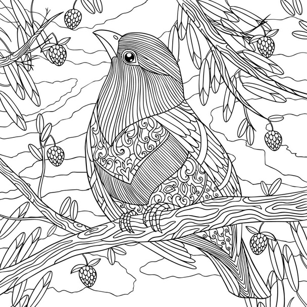 Színező oldal kis madár ül az őszi ágon bogyókkal. Vektoros illusztráció firkálmányelemekkel és kollektorelemekkel a felnőtteknek szóló kifestőkönyvhöz. Őszi madár vázlat grafika. - Vektor, kép