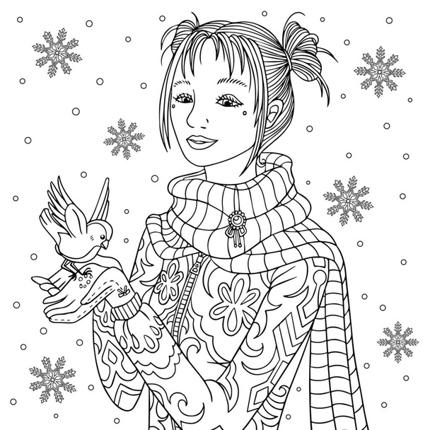 A lány mellegeret eszik havas télen. Színező könyv oldal szépség és a madár. Vektor vázlat illusztráció firka felnőtteknek. Meditáció kézzel rajzolt művészet. - Vektor, kép