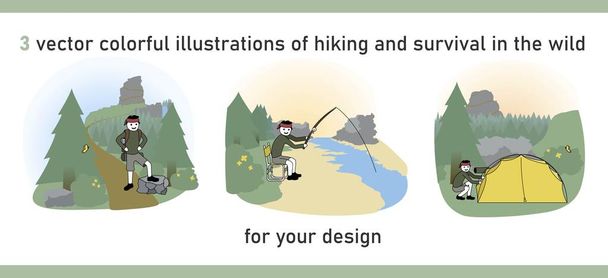 Vector illustration of hiking, climbing a mountain, camping on a white background. A set of colorful vector images of wildlife, ready to use, eps. For your design. For decoration, stickers, postcards, for the realization of your ideas - ベクター画像