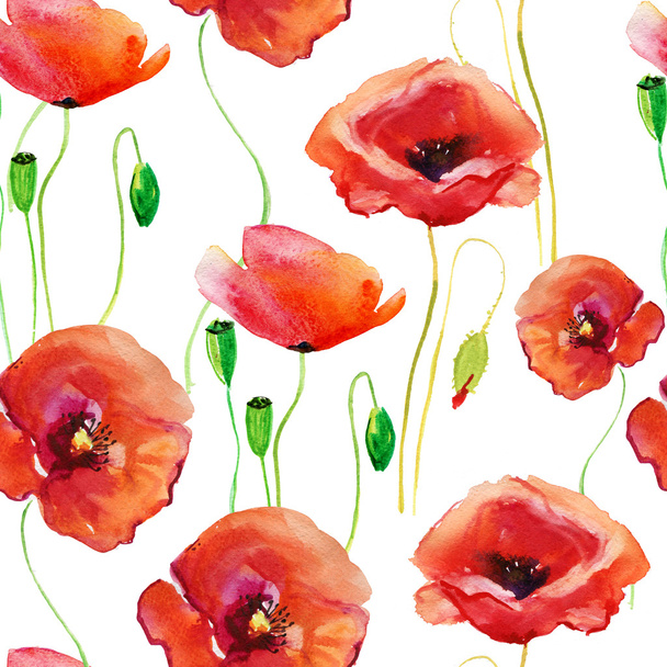Poppies Seamless Pattern. Watercolor - Фото, изображение