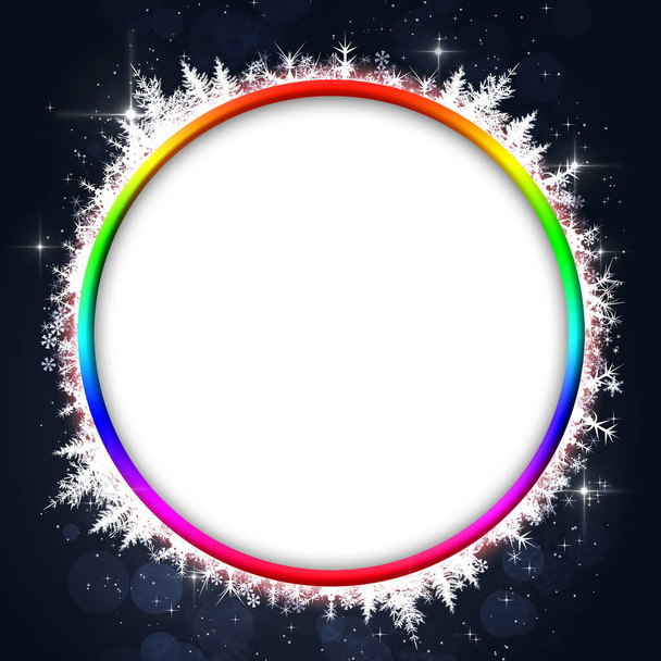 colorido saludo círculo fondo con copos de nieve árboles y luces - Foto, Imagen