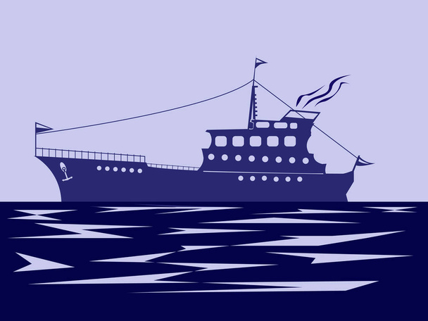 vektoriesimerkki, joka kuvaa kalastustroolarin siluettia merta vasten yksinkertaistetulla tavalla lippujen, avoimen lähdekoodin korttien, lentolehtisten sekä logojen ja meriliikenneyhtiöiden käyntikorttien suunnittelussa - Vektori, kuva