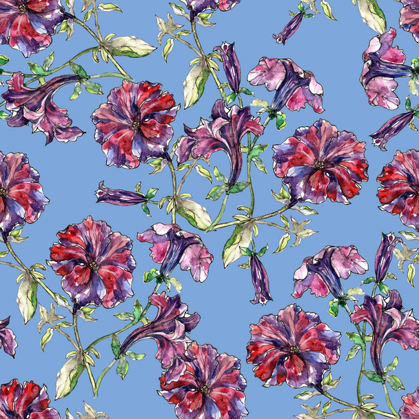 Watercolor  blooming flowers  with foliage on blue background. Seamless pattern with floral composition for decorations textiles and papers. - Foto, Imagen