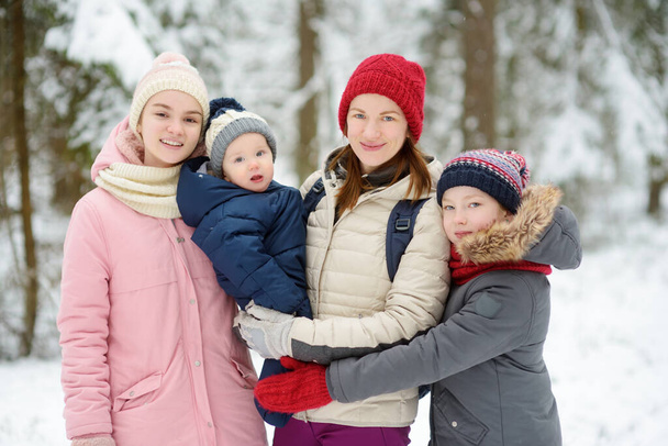 Young mother and her three kids having fun outdoors. Two young girls and their baby boy sibling on winter day. Kids with large age gap. Kids exploring nature together. - Photo, Image