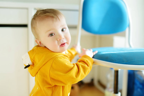 Adorable baby boy standing by the chair on bright living room. Toddler learning how to stand up unassisted. - Photo, Image