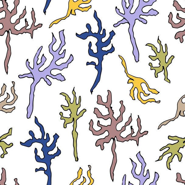 Algas y corales multicolores sobre fondo blanco, patrón abstracto sin costuras para tela y papel para decoración. - Vector, Imagen