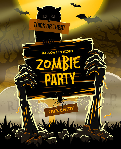 Halloween-Vektorillustration - Arme eines Toten aus dem Boden mit Einladung zur Zombie-Party - Vektor, Bild