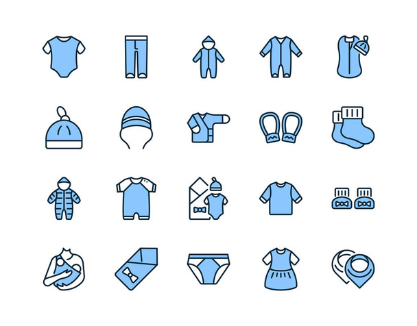Baby clothes flat line icon set blue color. Vector illustration infant apparel, bodysuit, romper, napkin, booties .Editable strokes. - Вектор, зображення