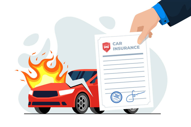 Auto bij verkeersongeval, pech, brand en verzekering agent hand hold polis. Contract voor garantie van reparaties of vergoeding van schade bij een auto-ongeluk. Juridische paraatheid beschermt het vervoersrisico - Vector, afbeelding