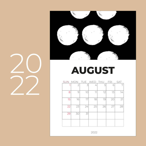 Calendar 2022 design template, August 2022 year layout, horizontal calendar design,  - Vector, Image