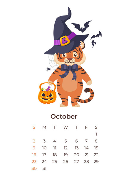 dibujos animados tigre octubre 2022 calendario A4 plantilla vertical. - Vector, imagen