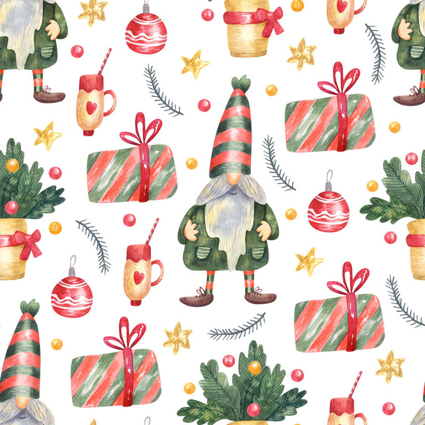 Απρόσκοπτη μοτίβο με αστεία ξωτικά και χριστουγεννιάτικα στολίδια σε λευκό φόντο. Χειροποίητη ακουαρέλα. Μεγάλη για υφάσματα, χαρτί περιτυλίγματος, ευχετήριες κάρτες. - Φωτογραφία, εικόνα