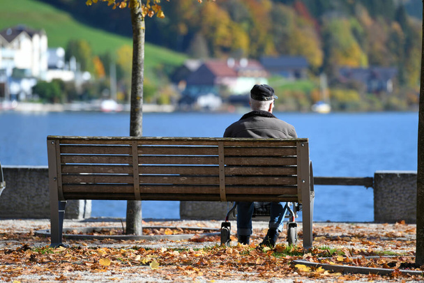 Старшие на скамейке в парке сзади на берегу Мондзе, Мондзе, Верхняя Австрия, Австрия, Европа - Фото, изображение