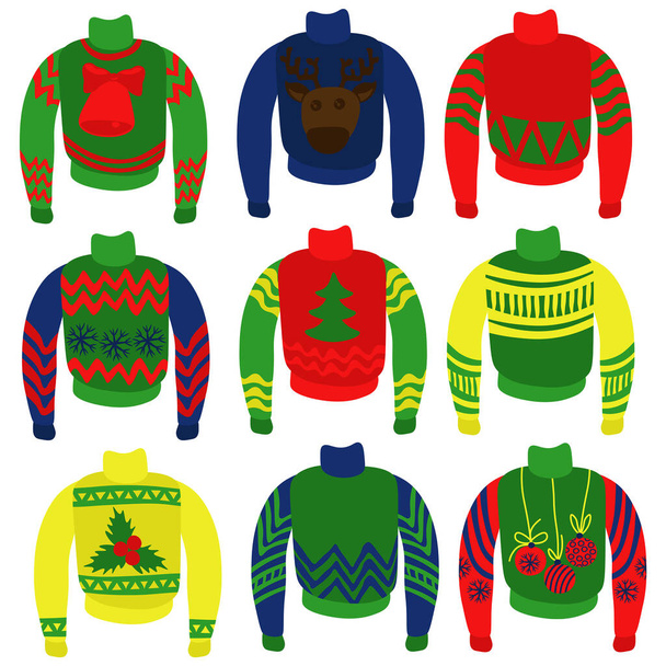 Уродливые свитера набор, праздничные рождественские пуловеры с различными узорами векторной иллюстрации - Вектор,изображение