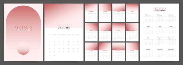 2022 vuoden seinäkalenteri malli käsite estetiikka moderni kaltevuus suunnittelu. Tyylikäs pystysuora valokuva kalenteri layout 2022 vuoden Englanti. Kalenterin kansi 12 kuukautta. Viikko alkaa sunnuntaina - Vektori, kuva