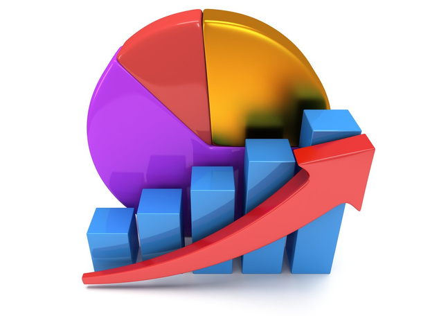Bar graph with red arrow and pie chart - Foto, Imagen