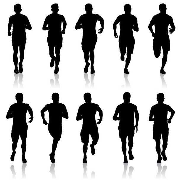 Conjunto de silhuetas. Corredores em homens de sprint no fundo branco. - Vetor, Imagem