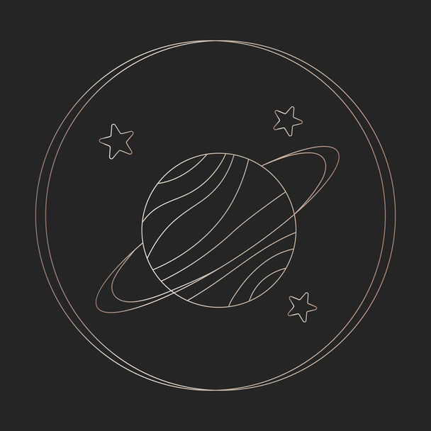 Mystieke boho planeet symbool. Met de hand getekende gouden gradiënt ringen van Saturnus element. Ruimte icoon in doodle esthetiek ontwerp. Esoterisch icoon in cirkel op zwarte achtergrond. Vector magische ruimte energie icoon. - Vector, afbeelding