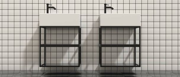 Lavabos y grifos, dos pequeños lavabos rectangulares blancos en soportes de metal y grifos mezcladores negros, fondo de pared de azulejos, pancarta. Cuarto de baño detalle interior. ilustración 3d - Foto, Imagen