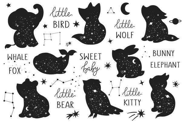 Vector hand drawn woodland baby animals for decoration. Celestial clipart. Bear, fox, rabbit, wolf, elephant, cat, whale. Perfect for baby shower, birthday, children's party, clothing prints, greeting cards - Διάνυσμα, εικόνα