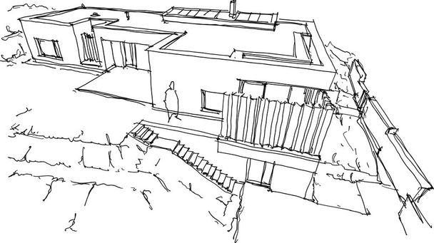 平屋根の現代的な一階建て戸建住宅や周りの人々の手描きの建築スケッチ - ベクター画像