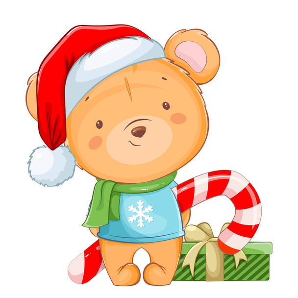 Feliz Navidad. Pequeño oso gracioso. Lindo oso personaje de dibujos animados en Santa sombrero con bastón de caramelo grande. Stock ilustración vectorial sobre fondo blanco - Vector, imagen
