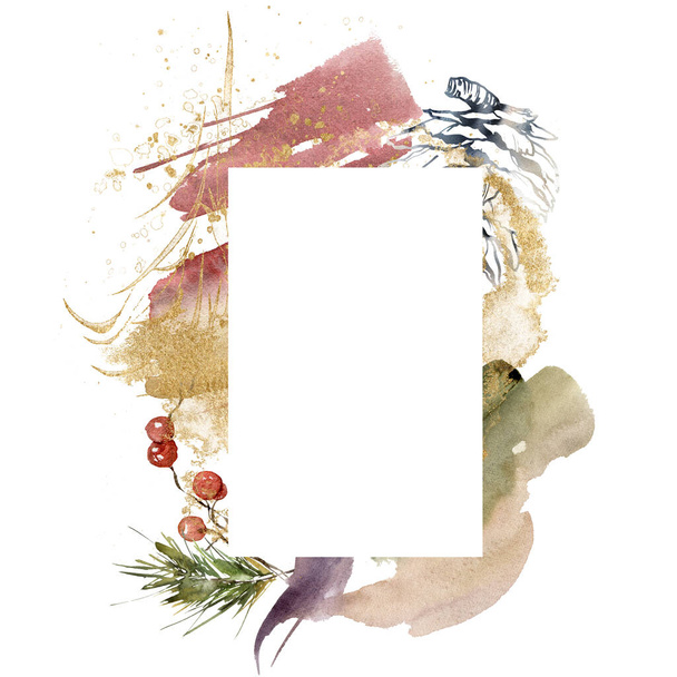 Aquarell Weihnachten abstrakter Rahmen aus Gold und schwarzem Tannenzapfen, Beeren und Tannenzweig. Handbemalte Winterpflanzen isoliert auf weißem Hintergrund. Urlaubsillustration für Design, Druck oder Hintergrund. - Foto, Bild