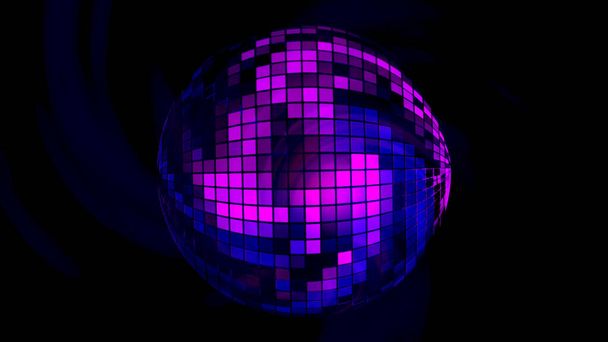 Disko ayna topu mor renklerle çevrili koyu ışık çizgileri, pürüzsüz döngü. Tasarım. Dönen retro pikselleştirilmiş küre. - Fotoğraf, Görsel