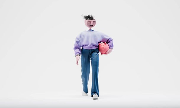 Awesome Travor walks with a piggy bank under his arm. Highly detailed fashionable stylish abstract character. 3d rendering - Photo, image