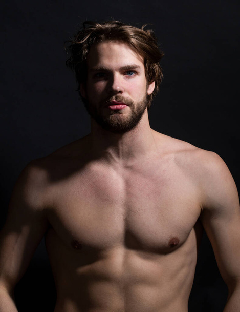 Portrait of young sexy handsome man with bare, torso, athletic gay, male model, muscular hot boy. - Fotó, kép