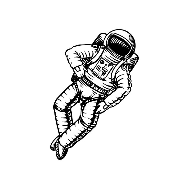 Astronauta astronauta. Espacio astronómico de galaxias. Cosmonauta explorar aventura. Mano grabada dibujada en boceto viejo, estilo vintage para etiqueta o camiseta. - Vector, imagen